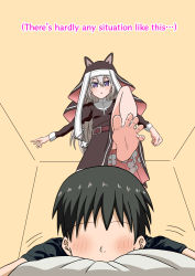 Rule 34 | 1boy, 1girl, barefoot, black hair, blush, character request, english text, faceless, faceless male, feet, from below, girls&#039; frontline, leg up, long hair, lying, nush advance, on stomach, open mouth, purple eyes, short hair, silver hair, soles, standing, standing on one leg, toes