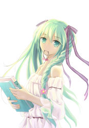 Rule 34 | 1girl, bare shoulders, book, collarbone, flower, green eyes, green hair, hair flower, hair ornament, hair ribbon, hatsune miku, highres, long hair, matching hair/eyes, mouth hold, ribbon, scarlet moon, simple background, solo, twintails, vocaloid, white background