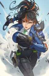 1girl absurdres armor black_hair breasts citemer cowboy_shot gloves highres large_breasts looking_at_viewer multicolored_hair orange_eyes orange_hair police police_uniform policewoman running solo standing streaked_hair wrist_cuffs zenless_zone_zero zhu_yuan