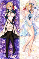 Rule 34 | 10s, 1girl, ahoge, barefoot, black gloves, black pantyhose, blonde hair, breasts, cleavage, closed eyes, daki-makura, dakimakura (medium), dress, from above, gem, gloves, hair between eyes, hair ribbon, jewelry, large breasts, letter, long dress, long hair, lying, midriff, multiple views, necklace, no shoes, on back, pantyhose, parted lips, prosthesis, prosthetic arm, red ribbon, ribbon, see-through, sleeping, stomach, striped clothes, striped dress, third-party source, unworn jewelry, unworn necklace, vertical-striped clothes, vertical-striped dress, violet evergarden, violet evergarden (series), white dress