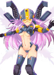 Rule 34 | 1girl, armor, boots, breasts, helmet, highres, hmage, long hair, mecha musume, northstar (titanfall), personification, pink hair, rocket launcher, simple background, skindentation, stomach, thighhighs, thrusters, titanfall, titanfall (series), titanfall 2, underboob, visor (armor), weapon, yellow eyes