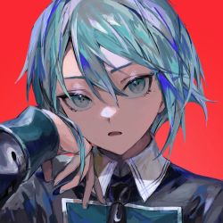 Rule 34 | 1girl, aqua eyes, aqua hair, aqua nails, character request, copyright request, hand on own cheek, hand on own face, highres, looking at viewer, nail polish, necktie, open mouth, red background, short hair, simple background, skyn blue, solo, standing, upper body