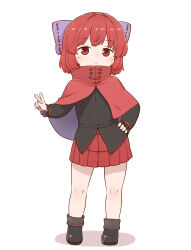 Rule 34 | 1girl, absurdres, black footwear, black shirt, bow, cloak, closed mouth, full body, hair bow, hand on own hip, highres, long sleeves, looking at viewer, poronegi, purple bow, red eyes, red hair, red skirt, sekibanki, shirt, simple background, skirt, solo, standing, touhou, v, white background