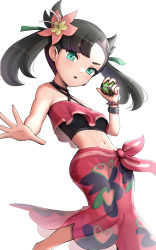 Rule 34 | 1girl, :o, absurdres, asymmetrical bangs, black hair, blush, bracelet, breasts, commentary, creatures (company), dusk ball, eyelashes, floating hair, flower, flower bracelet, framed, game freak, gonzarez, green eyes, green ribbon, hair flower, hair ornament, hair ribbon, hand up, highres, holding, holding poke ball, jewelry, long hair, looking at viewer, marnie (pokemon), marnie (summer 2021) (pokemon), midriff, navel, nintendo, official alternate costume, open hand, parted lips, pink flower, pink sarong, poke ball, pokemon, pokemon masters ex, revision, ribbon, sarong, simple background, small breasts, solo, spread fingers, stomach, twintails, white background, wristband