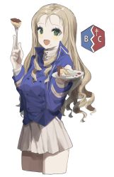 Rule 34 | 1girl, absurdres, bc freedom (emblem), bc freedom military uniform, blonde hair, blue jacket, blush, cake, commentary request, cropped jacket, drill hair, eating, emblem, food, food on face, fork, girls und panzer, highres, holding, holding fork, holding plate, jacket, long hair, long sleeves, looking at viewer, marie (girls und panzer), military, military uniform, open mouth, plate, simple background, skirt, solo, tachibana wataru (123tsuki), uniform, white background, white skirt