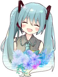 Rule 34 | 1girl, :d, ^ ^, bare shoulders, blue flower, blue hair, blue necktie, blue rose, blush, closed eyes, collared shirt, commentary, english commentary, facing viewer, flower, gradient hair, green hair, grey shirt, hair between eyes, hair ornament, hatsune miku, head tilt, headphones, headset, highres, long hair, multicolored hair, necktie, open mouth, purple flower, rose, shirt, sleeveless, sleeveless shirt, smile, solo, tsukiyo (skymint), twintails, upper body, vocaloid