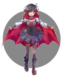 Rule 34 | 1girl, ammunition, ammunition belt, bag, bats, belt, belt buckle, black hair, black thighhighs, blush, boots, breasts, buckle, cape, cloak, corset, facing viewer, fangs, full body, gradient hair, grey eyes, halloween, happy, highres, holding, holding cape, holding clothes, hood, hood down, iesupa, lolita fashion, looking at viewer, medium breasts, multicolored hair, name connection, open mouth, petals, red cape, red cloak, red hair, rose petals, ruby rose, rwby, short hair, skirt, smile, solo, standing, thighhighs, torn clothes, torn thighhighs