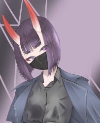 Rule 34 | 1girl, absurdres, alternate costume, black shirt, bob cut, demon girl, eyeliner, fate/grand order, fate (series), highres, horns, looking at viewer, makeup, mask, mouth mask, oni, open mouth, purple eyes, purple hair, shirt, short hair, shuten douji (fate), skin-covered horns, smile, solo, user tvny5553