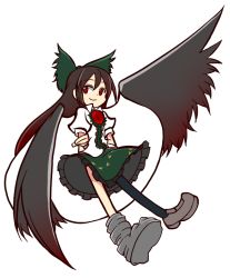 Rule 34 | 1girl, arms behind back, bad id, bad pixiv id, bird wings, black hair, black wings, bow, cape, collared shirt, eyeball, feathered wings, full body, green bow, green skirt, hair bow, holding own arm, loafers, long hair, looking away, pantyhose, puffy short sleeves, puffy sleeves, red eyes, reiuji utsuho, shinmon akika, shirt, shoes, short sleeves, simple background, skirt, smile, solo, third eye, touhou, white background, white shirt, wings