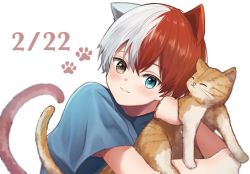 Rule 34 | 1boy, aged down, alternate eye color, animal, animal ears, animal hug, blue eyes, blue shirt, blush, boku no hero academia, cat, cat boy, cat day, cat ears, cat tail, commentary request, dated, green eyes, heterochromia, highres, looking at viewer, male focus, miyanami 3, multicolored hair, paw print, red hair, shirt, short sleeves, simple background, smile, solo, tail, todoroki shouto, two-tone hair, upper body, white background, white hair