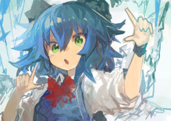Rule 34 | 1girl, absurdres, armband, blue bow, blue eyes, blue hair, blue vest, bow, bowtie, cirno, commentary, finger frame, green eyes, hair bow, highres, kaamin (mariarose753), looking at viewer, medium hair, open mouth, puffy short sleeves, puffy sleeves, red bow, shirt, short sleeves, sketch, solo, touhou, upper body, vest, white shirt