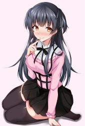 Rule 34 | 1girl, black hair, black ribbon, black skirt, black thighhighs, blush, brown eyes, closed mouth, collar, commentary request, finger to mouth, frilled collar, frills, grey background, hair ribbon, high collar, highres, idolmaster, idolmaster shiny colors, long hair, long sleeves, looking at viewer, mayuzumi fuyuko, miniskirt, naba (take tonbo), neck ribbon, no shoes, partial commentary, pink shirt, pleated skirt, ribbon, seiza, shadow, shirt, simple background, sitting, skirt, smile, solo, thighhighs, thighs, two side up