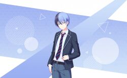 Rule 34 | 1boy, adjusting clothes, aoyagi touya, belt, black belt, blazer, blue hair, blue pants, circle, closed mouth, collar, collared shirt, colorful palette, cowboy shot, dark blue hair, diagonal-striped clothes, diagonal-striped necktie, dot nose, grey eyes, highres, jacket, kamiyama high school uniform (project sekai), lapels, long sleeves, looking at viewer, male focus, mole, mole under eye, multicolored hair, necktie, notched lapels, official art, open clothes, open collar, open jacket, pants, project sekai, school uniform, shirt, solo, split-color hair, striped clothes, third-party source, triangle, two-tone hair, white collar