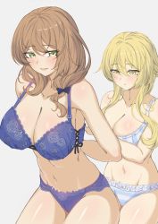 Rule 34 | 1girl, 2girls, absurdres, adjusting bra, adjusting clothes, alternate costume, bare arms, blonde hair, blue bra, blue panties, blush, bra, breasts, brown hair, bug, cleavage, commentary request, firefly, genshin impact, green eyes, hair between eyes, highres, implied yuri, insect, large breasts, lisa (genshin impact), long hair, lumine (genshin impact), medium breasts, multiple girls, navel, o-los, open mouth, panties, sidelocks, simple background, standing, striped bra, striped clothes, striped panties, thighhighs, underwear, underwear only, white background, white bra, white panties, yellow eyes, yuri