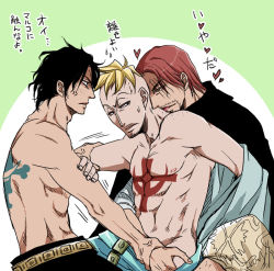 Rule 34 | 3boys, abs, black hair, blonde hair, carmega, male focus, marco (one piece), multiple boys, one piece, portgas d. ace, red hair, shanks (one piece), topless male, tattoo, undressing, yaoi