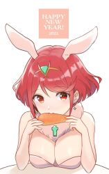 Rule 34 | 1girl, 2023, alternate costume, animal ears, breast rest, breasts, carrot, cleavage, core crystal (xenoblade), dangle earrings, earrings, food, food in mouth, fur collar, hands up, happy new year, headpiece, highres, holding, holding food, jewelry, large breasts, leotard, looking at viewer, new year, playboy bunny, pyra (xenoblade), rabbit ears, red eyes, red hair, short hair, solo, swept bangs, uwo chan, white background, white leotard, xenoblade chronicles (series), xenoblade chronicles 2