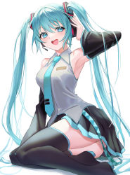 Rule 34 | 1girl, anoa, armor, bare shoulders, black footwear, black skirt, black sleeves, black thighhighs, blue eyes, blue hair, blue nails, blue necktie, boots, breasts, commentary request, detached sleeves, grey shirt, hand on headphones, hand up, hatsune miku, headphones, highres, long hair, long sleeves, medium breasts, nail polish, necktie, pleated skirt, shirt, skirt, sleeveless, sleeveless shirt, solo, thigh boots, thighhighs, tie clip, twintails, very long hair, vocaloid, white background, wide sleeves