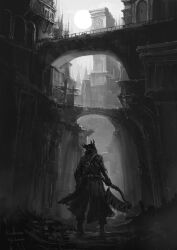 Rule 34 | 1other, artist name, bloodborne, boots, bridge, city, coat, copyright name, facing away, gloves, highres, holding, holding weapon, house, hunter (bloodborne), long sleeves, monochrome, moon, outdoors, saw, saw cleaver, solo, standing, tower, tripdancer, weapon