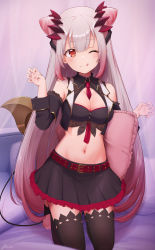Rule 34 | 1girl, nanashi inc., ;q, basa rutan, between breasts, black jacket, black skirt, black sleeves, black thighhighs, blush, breasts, cleavage, closed mouth, commentary request, cone hair bun, crop top, cropped jacket, curtains, detached sleeves, gradient hair, grey hair, hair between eyes, hair bun, hand up, highres, honey strap, jacket, kneeling, long hair, long sleeves, looking at viewer, medium breasts, multicolored hair, navel, no shoes, one eye closed, open clothes, open jacket, pillow, pink hair, pleated skirt, red eyes, red hair, red neckwear, sidelocks, skirt, sleeveless, sleeveless jacket, smile, solo, stirrup legwear, suou patra, thighhighs, toeless legwear, tongue, tongue out, very long hair, virtual youtuber