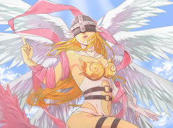 Rule 34 | 1girl, absurdres, angel wings, angewomon, armor, asymmetrical gloves, bare shoulders, blonde hair, breastplate, breasts, cleavage, covered eyes, day, digimon, digimon (creature), digimon adventure, feathered wings, feathers, female focus, gloves, head wings, helmet, highres, index finger raised, long hair, medium breasts, middle finger, navel, pink ribbon, ribbon, sky, smile, solo, strapless, uneven gloves, white wings, winged helmet, wings