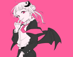 Rule 34 | 1girl, absurdres, arashi chisato, belt, blazer, breasts, collared shirt, commentary request, cowboy shot, demon horns, demon wings, dress shirt, earrings, floating hair, greyscale with colored background, hair bun, highres, horizontal pupils, horns, jacket, jewelry, kashikaze, looking at viewer, love live!, love live! superstar!!, medium hair, necktie, open clothes, open jacket, pants, pink background, pink necktie, shirt, simple background, small breasts, solo, spot color, stud earrings, tongue, tongue out, wings