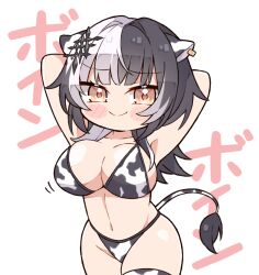 Rule 34 | 1girl, animal ears, animal print, armpits, arms up, bikini, black hair, blush, breasts, cleavage, closed mouth, cow ears, cow girl, cow print, cow print bikini, cow print thighhighs, cow tail, grey hair, highres, hololive, hololive english, kukie-nyan, large breasts, long hair, looking at viewer, multicolored hair, navel, print bikini, print thighhighs, shiori novella, simple background, smile, solo, split-color hair, swimsuit, tail, two-tone hair, virtual youtuber, white background, yellow eyes