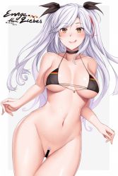 Rule 34 | 1girl, :q, areola slip, azur lane, bar censor, bare arms, bare shoulders, bikini, bikini top only, black bikini, black choker, black ribbon, blush, bottomless, breasts, censored, choker, closed mouth, collarbone, colored pubic hair, cowboy shot, dated, female pubic hair, flag print, german flag bikini, german text, gluteal fold, grey background, groin, hair ribbon, hanada yanochi, large breasts, lips, long hair, looking at viewer, multicolored hair, prinz eugen (azur lane), prinz eugen (unfading smile) (azur lane), pubic hair, ribbon, shiny skin, signature, simple background, solo, standing, streaked hair, sweat, swept bangs, swimsuit, thigh gap, thighs, tongue, tongue out, underboob, very long hair, yellow eyes