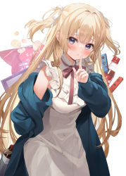 Rule 34 | 1girl, blonde hair, blush, chips (food), controller, finger to mouth, food, game controller, highres, kanda done, long hair, long sleeves, looking at viewer, off shoulder, original, potato chips, purple eyes, simple background, solo, sweat