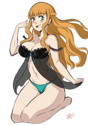 Rule 34 | 1girl, aka12, bad tag, barefoot, black clover, blonde hair, breasts, cleavage, female focus, green eyes, green eyes female, green panties, highres, large breasts, licking, lingerie, long hair female, medium breasts, mimosa vermillion, orange hair female, panties, smile, solo, tongue, tongue out, underwear, white skinned female