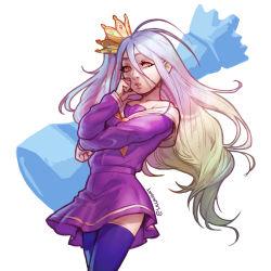 Rule 34 | 1girl, blanclauz, blue thighhighs, chess piece, crown, dress, flat chest, highres, long hair, looking at viewer, messy hair, no game no life, orange eyes, pale skin, purple dress, school uniform, serafuku, shiro (no game no life), silver hair, solo, thighhighs, thighs, very long hair, white background, wind, wind lift