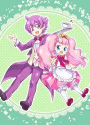 Rule 34 | 1boy, 1girl, :d, apron, aroma (go! princess precure), aroma (go! princess precure) (human), bloomers, blue eyes, blush stickers, bow, bowtie, brooch, brother and sister, butler, cup, formal, frills, full body, go! princess precure, green background, jewelry, kousetsu, long hair, open mouth, pants, pantyhose, personification, pink hair, pink skirt, polka dot, polka dot background, precure, puff (go! princess precure), puff (go! princess precure) (human), purple eyes, purple hair, red bow, red footwear, shoes, siblings, skirt, smile, suit, teacup, tray, twintails, underwear, white bloomers, white pantyhose