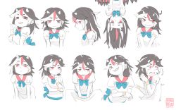 Rule 34 | 1girl, :o, ^^^, black hair, blue bow, blue neckwear, bow, closed mouth, cone horns, expressions, from side, frown, grin, hand on own elbow, hand up, highres, horns, kani onigiri (shottare), kijin seija, long hair, multicolored hair, open mouth, puffy short sleeves, puffy sleeves, red eyes, red hair, sanpaku, sharp teeth, short sleeves, smile, streaked hair, surprised, teeth, touhou, upper body, upside-down, v-shaped eyebrows, white background, white hair