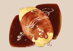 Rule 34 | aon968, food, food focus, no humans, omelet, omurice, original, realistic, sauce, signature, simple background, still life