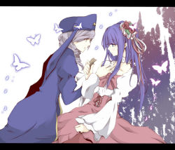 Rule 34 | 2girls, blue hair, bug, butterfly, dlanor a. knox, dolce (yoshino), dress, drill hair, eiserne jungfrau, flower, frills, furudo erika, hair ornament, insect, letterboxed, multiple girls, purple hair, tears, toudou (dolce), twintails, umineko no naku koro ni