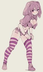 Rule 34 | 1girl, adjusting clothes, adjusting legwear, blush, bow (bhp), breasts, cleavage, closed mouth, cropped shirt, grey background, large breasts, looking at viewer, monochrome, navel, open clothes, open shirt, original, panties, pink theme, purple eyes, shoes, simple background, solo, striped clothes, striped thighhighs, thighhighs, twintails, underwear