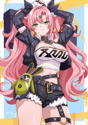 Rule 34 | 1girl, absurdres, arms up, black ribbon, black shorts, breasts, closed mouth, crop top, dated, detached sleeves, earrings, green eyes, hair between eyes, hair ornament, hair ribbon, hairclip, heart, heart earrings, highres, holding, jewelry, long hair, looking at viewer, medium breasts, mole, mole on breast, mole under eye, nail polish, nicole demara, o-ring, pink hair, pink nails, ribbon, short shorts, short sleeves, shorts, simple background, solo, thigh strap, two side up, very long hair, wangqi, zenless zone zero