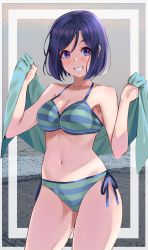 Rule 34 | 1girl, alternate hair length, alternate hairstyle, bikini, blue hair, blush, breasts, cleavage, collarbone, commentary request, contrapposto, cowboy shot, green towel, grin, halterneck, highres, holding, holding towel, igarashi kyouhei, looking at viewer, love live!, love live! sunshine!!, matsuura kanan, medium breasts, navel, parted lips, photo background, purple eyes, short hair, side-tie bikini bottom, smile, solo, standing, striped bikini, striped clothes, swimsuit, towel