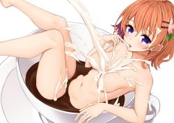Rule 34 | 1girl, bare shoulders, blush, breasts, brown hair, coffee, coffee cup, collarbone, commentary request, cream, cup, disposable cup, flower, gochuumon wa usagi desu ka?, hair flower, hair ornament, hairclip, hoto cocoa, in container, in cup, legs up, lemonna, looking at viewer, medium breasts, milk, navel, nude, open mouth, orange hair, purple eyes, saucer, short hair, sitting, solo, tongue, tongue out