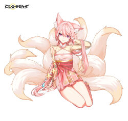 Rule 34 | 1girl, :3, alternate hair color, animal ear fluff, animal ears, ankle bell, arm support, arm up, breasts, cleavage, cleavage cutout, closers, clothing cutout, copyright name, dress, fingernails, fox ears, fox girl, fox tail, full body, hand on own head, hand up, highres, kitsune, kyuubi, layered dress, logo, long fingernails, long hair, long sleeves, looking at viewer, low twintails, luna aegis (closers), medium breasts, multiple tails, official art, pink dress, pink eyes, pink hair, see-through, see-through sleeves, sitting, smile, solo, tachi-e, tail, twintails, two-tone dress, v-shaped eyebrows, very long hair, white background, white footwear, yellow dress, yellow sleeves, yellow tail, yokozuwari