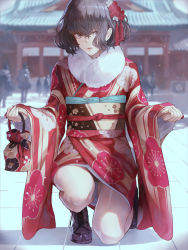 Rule 34 | 1girl, ankle boots, boots, brown eyes, brown hair, commentary request, cross-laced footwear, female pubic hair, full body, fur-trimmed kimono, fur trim, hair between eyes, hair ornament, hair over one eye, hatsumoude, highres, japanese clothes, kaoming, kimono, kinchaku, lace-up boots, long sleeves, looking at viewer, new year, obi, obiage, obijime, on one knee, original, pouch, pubic hair, red kimono, sash, short hair, shrine, sidelocks, sleeves past wrists, snow, snowing, solo, thighs, wide sleeves