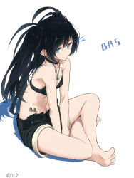 Rule 34 | 1girl, barefoot, baronilu, between legs, black bra, black choker, black hair, black ribbon, black rock shooter, black rock shooter (character), black shorts, blue eyes, blue fire, bra, breasts, character name, choker, collarbone, copyright name, fire, flaming eye, floating hair, groin, hair between eyes, hair ribbon, hand between legs, highres, jewelry, long hair, midriff, navel, necklace, ribbon, shadow, short shorts, shorts, simple background, sitting, small breasts, soles, solo, stomach, twintails, underwear, very long hair, white background