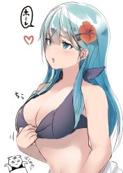Rule 34 | 1girl, 1other, absurdres, aqua eyes, aqua hair, bare shoulders, bikini, breasts, cleavage, commentary, dyson (edaokunnsaikouya), flower, hair flower, hair ornament, hairclip, heart, highres, kantai collection, large breasts, long hair, open mouth, purple bikini, simple background, solo focus, suzuya (kancolle), swimsuit, the yuudachi-like creature, upper body, white background