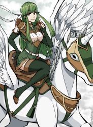 Rule 34 | 1girl, armor, artist name, belt, breastplate, elbow gloves, feathered wings, feathers, fingerless gloves, fire emblem, fire emblem: mystery of the emblem, fire emblem: new mystery of the emblem, fire emblem: shadow dragon, fire emblem: shadow dragon and the blade of light, fire emblem echoes: shadows of valentia, fire emblem gaiden, gloves, green eyes, green gloves, green hair, green thighhighs, headband, highres, long hair, looking at viewer, nintendo, palla (fire emblem), pegasus, pegasus knight uniform (fire emblem), riding, saddle, signature, smile, thighhighs, wings, zettai ryouiki