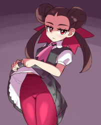 Rule 34 | 1girl, ascot, brown hair, closed mouth, clothes lift, collared shirt, commentary request, creatures (company), dress, dress lift, eyelashes, game freak, grey dress, hair ribbon, highres, lifted by self, long hair, nintendo, pantyhose, pink ascot, pink pantyhose, pink ribbon, pokemon, pokemon oras, red eyes, ribbon, roxanne (pokemon), sabfish1229, shirt, short sleeves, solo, twintails, white shirt