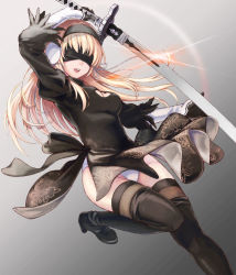 Rule 34 | 1girl, :d, arm up, bad id, bad pixiv id, black hairband, black thighhighs, blindfold, blonde hair, boots, breasts, cleavage, cleavage cutout, clothing cutout, cosplay, covered eyes, evelysse (star ocean), from side, glint, gradient background, grey background, hairband, high heel boots, high heels, holding, holding sword, holding weapon, leotard, leotard under clothes, long hair, nier:automata, nier (series), open mouth, panties, smile, solo, standing, standing on one leg, star ocean, star ocean anamnesis, sword, thighhighs, underwear, weapon, white panties, 2b (nier:automata), 2b (nier:automata) (cosplay)