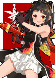 Rule 34 | 1girl, :d, absurdres, black hair, chain, fang, flamethrower, gloves, hands up, highres, holding, holding weapon, magia record: mahou shoujo madoka magica gaiden, mahou shoujo madoka magica, mamadasky, midriff peek, multicolored hair, ooba juri, open mouth, plaid, plaid skirt, red eyes, skirt, sleeveless, smile, solo, weapon