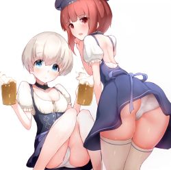 Rule 34 | 10s, 2girls, alcohol, alternate costume, apron, ass, beer, beer mug, blue eyes, boruhis, brown eyes, brown hair, clothes writing, cup, dirndl, dress, embarrassed, from behind, german clothes, hat, kantai collection, leaning forward, looking at viewer, mug, multiple girls, oktoberfest, open mouth, panties, pantyshot, sailor hat, short dress, short hair, silver hair, sitting, thighhighs, thighs, underbust, underwear, waist apron, white legwear, z1 leberecht maass (kancolle), z3 max schultz (kancolle)