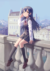 Rule 34 | 10s, 1girl, arm at side, black skirt, black socks, blue hair, blue sky, blush, brown eyes, brown footwear, building, buttons, city, cloud, commentary request, day, expressionless, foot dangle, full body, tucking hair, highres, huanxiang heitu, kneehighs, knees together feet apart, loafers, long hair, long sleeves, looking at viewer, love live!, love live! school idol festival, love live! school idol project, miniskirt, neck ribbon, on railing, outdoors, pleated skirt, railing, ribbon, scenery, school uniform, shirt, shoes, sitting, skirt, sky, socks, solo, sonoda umi, vest, white shirt