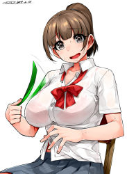 Rule 34 | 1girl, blunt bangs, bow, bowtie, bra, bra visible through clothes, breasts, brown eyes, brown hair, commentary, dated, fanning self, happa (cloverppd), large breasts, looking at viewer, open mouth, original, pleated skirt, ponytail, school uniform, see-through, shirt, sitting, skirt, solo, sweat, underwear, undone bowtie, wet, wet clothes, wet shirt, white background