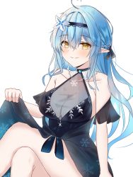 Rule 34 | 1girl, absurdres, bare shoulders, black dress, blue hair, blush, braid, breasts, cleavage, clothes lift, collarbone, crossed legs, dress, dress lift, elf, flower, french braid, hair between eyes, hair flower, hair ornament, hairband, half updo, halter dress, halterneck, highres, hololive, korean commentary, long hair, looking at viewer, medium breasts, pointy ears, see-through, see-through cleavage, sidelocks, simple background, sitting, sleeveless, sleeveless dress, smile, snowflake necklace, solo, virtual youtuber, white background, yellow eyes, yukihana lamy, zkzk